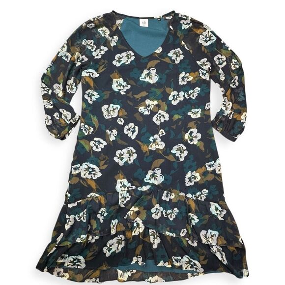 CABI Women’s Green White Floral Tiered Ruffle Chiffon Pirouette Dress Size Mediu - Picture 2 of 5